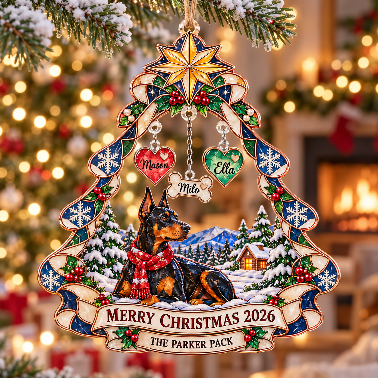 Stained-glass acrylic Christmas ornament with "THE PARKER PACK" and personalised name charms