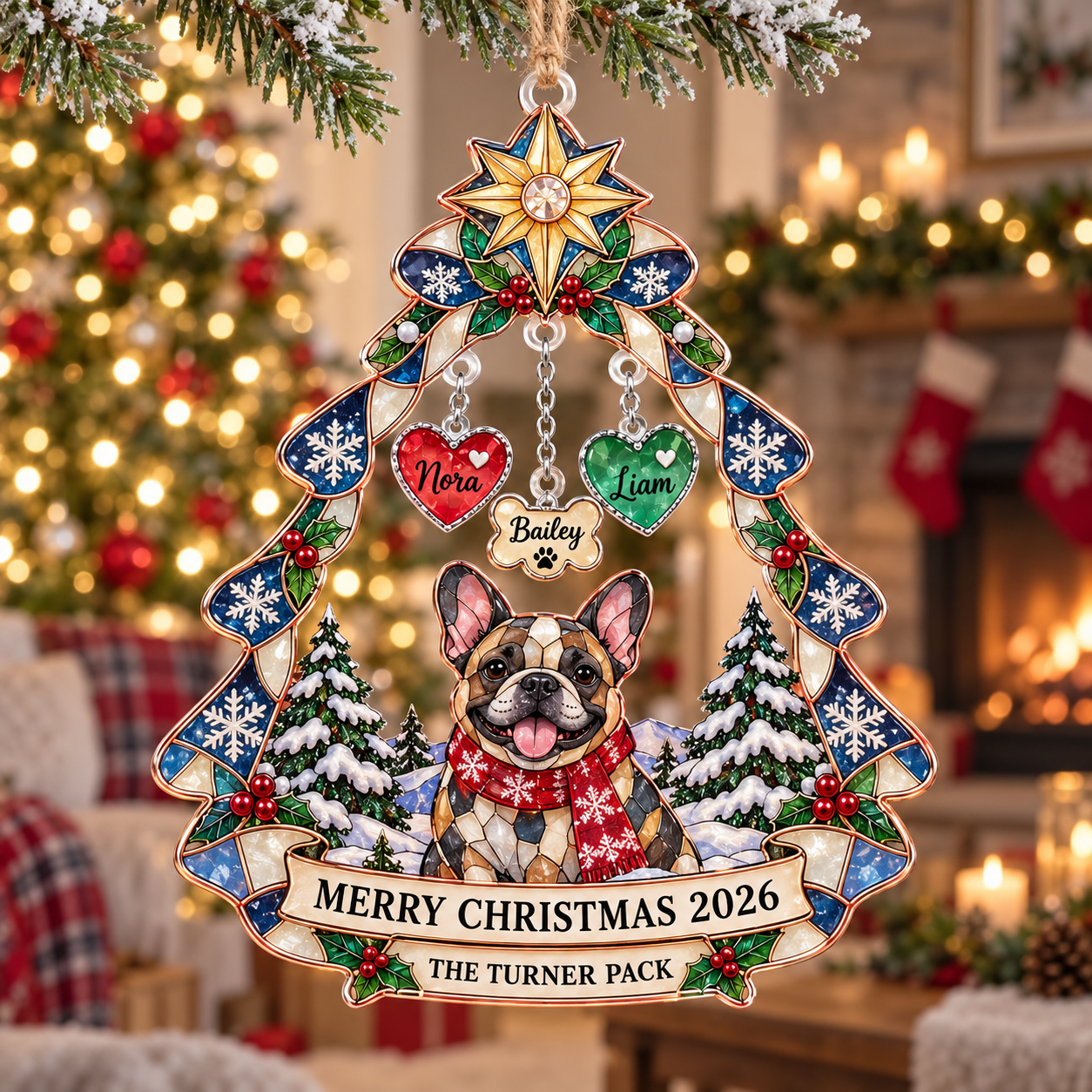 Stained-glass acrylic Christmas ornament with "THE TURNER PACK" and personalised name charms