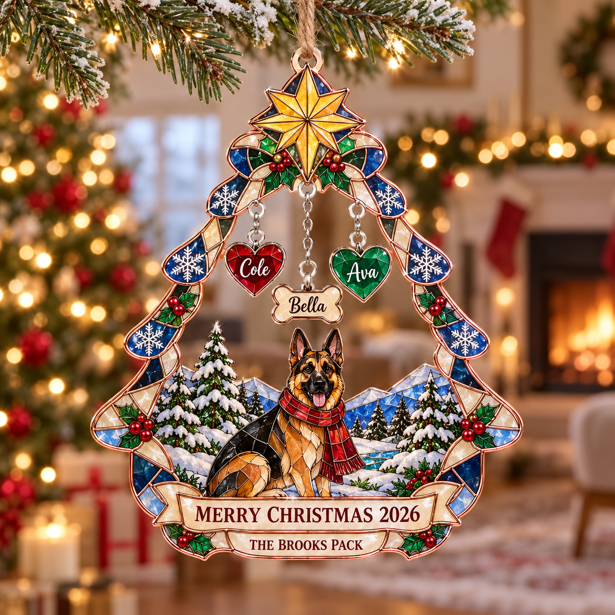 Stained-glass acrylic Christmas ornament with "THE BROOKS PACK" and personalised name charms