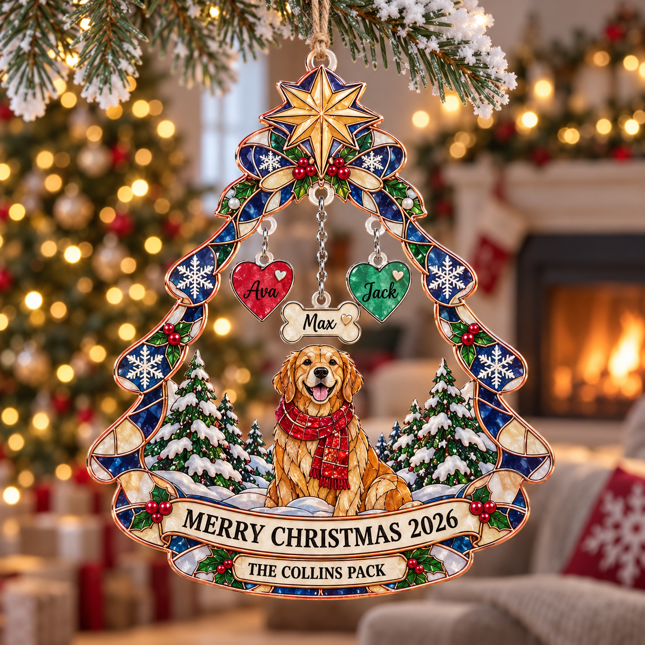Stained-glass acrylic Christmas ornament with "THE COLLINS PACK" and personalised name charms