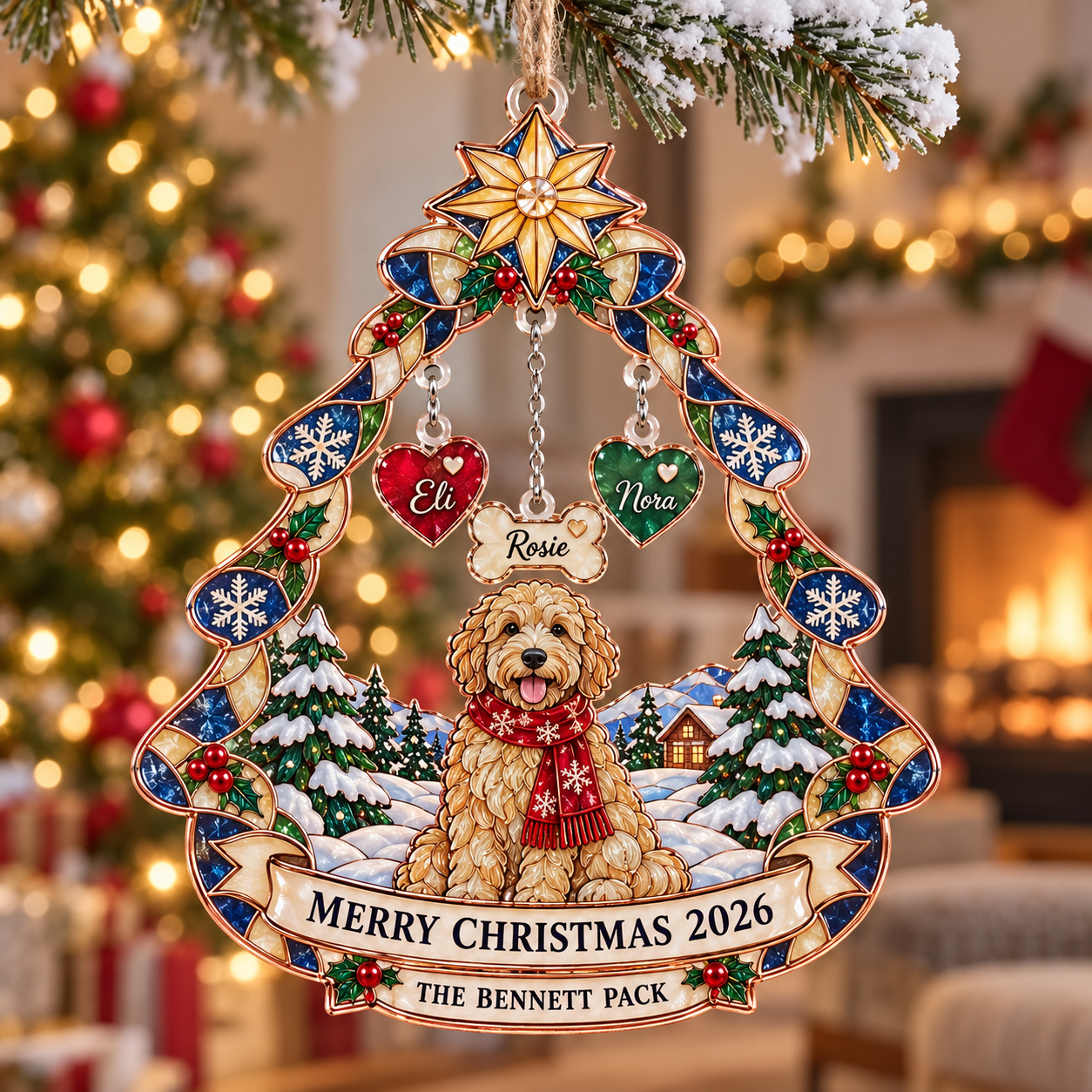 Stained-glass acrylic Christmas ornament with "THE BENNETT PACK" and personalised name charms