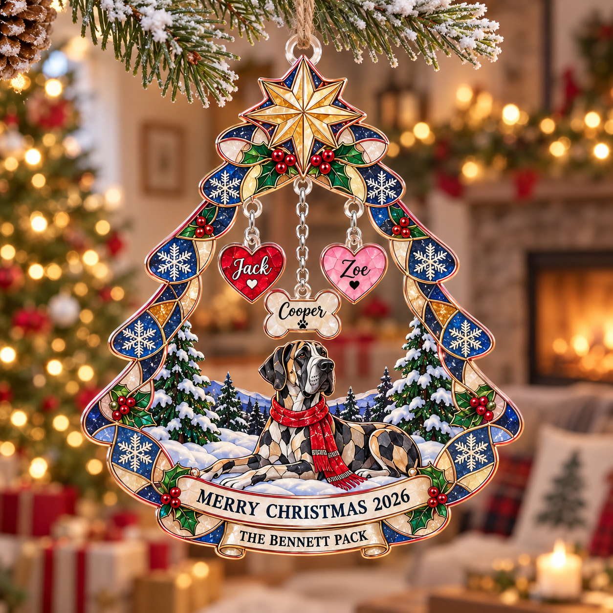 Stained-glass acrylic Christmas ornament with "THE BENNETT PACK" and personalised name charms