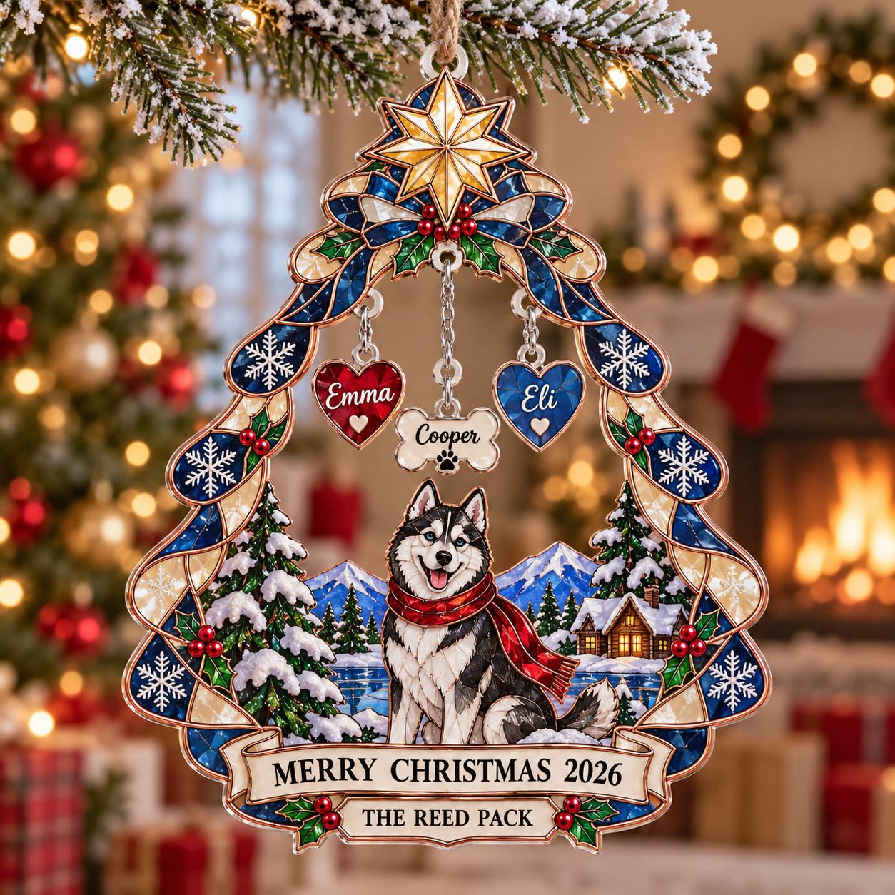 Stained-glass acrylic Christmas ornament with "THE REED PACK" and personalised name charms