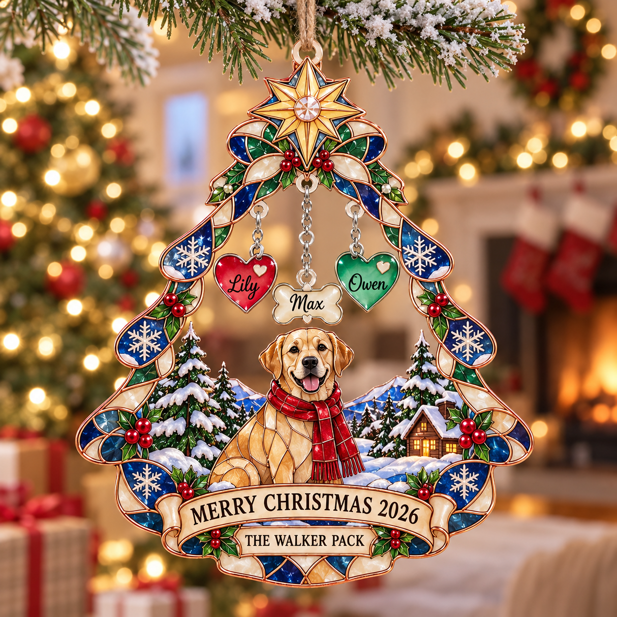 Stained-glass acrylic Christmas ornament with "THE WALKER PACK" and personalised name charms
