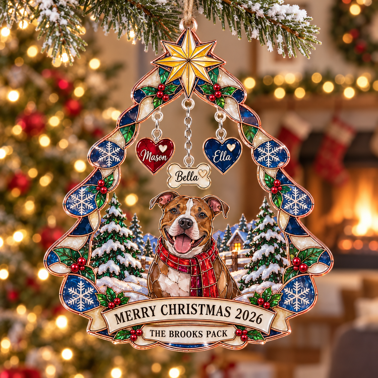 Stained-glass acrylic Christmas ornament with "THE BROOKS PACK" and personalised name charms