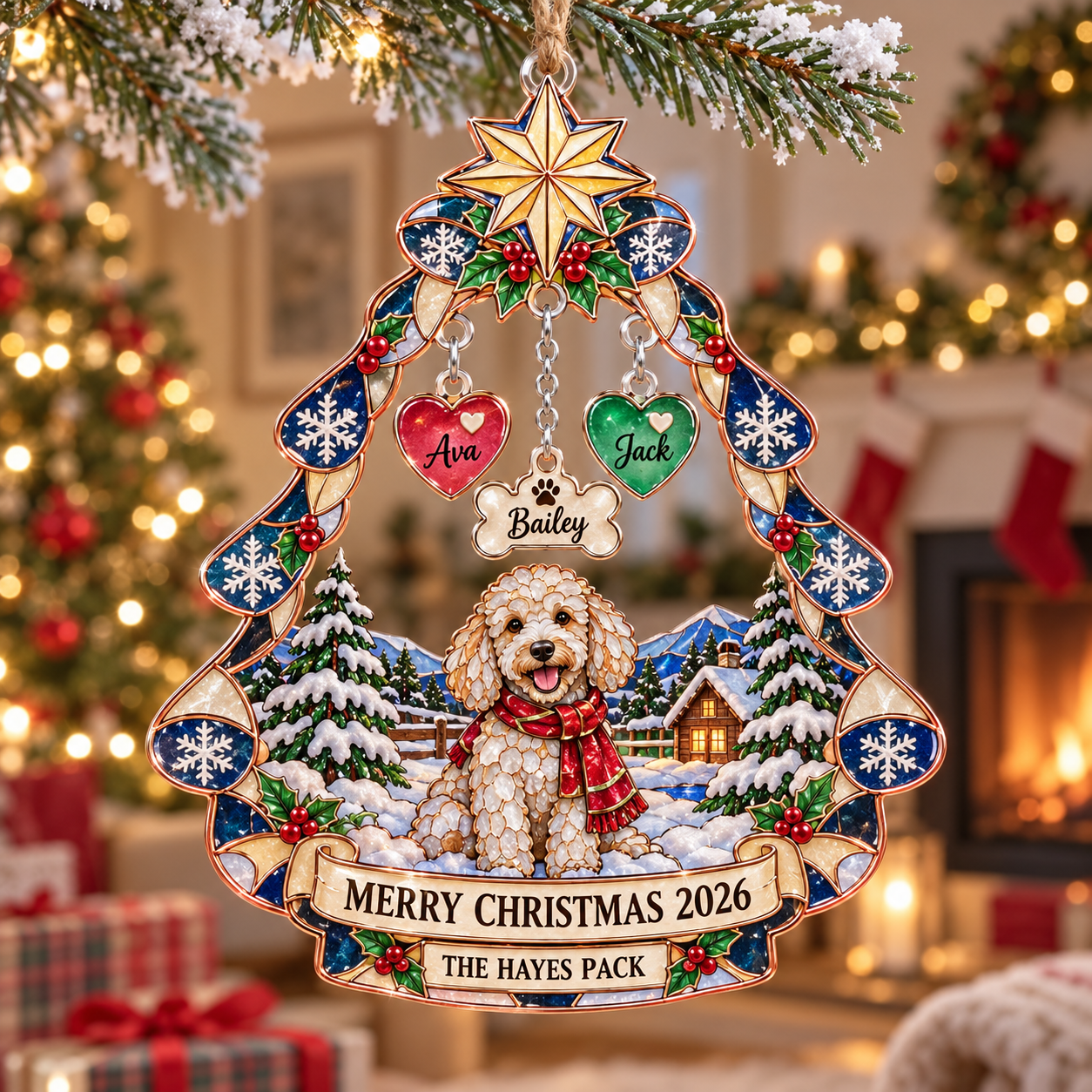 Stained-glass acrylic Christmas ornament with "THE HAYES PACK" and personalised name charms