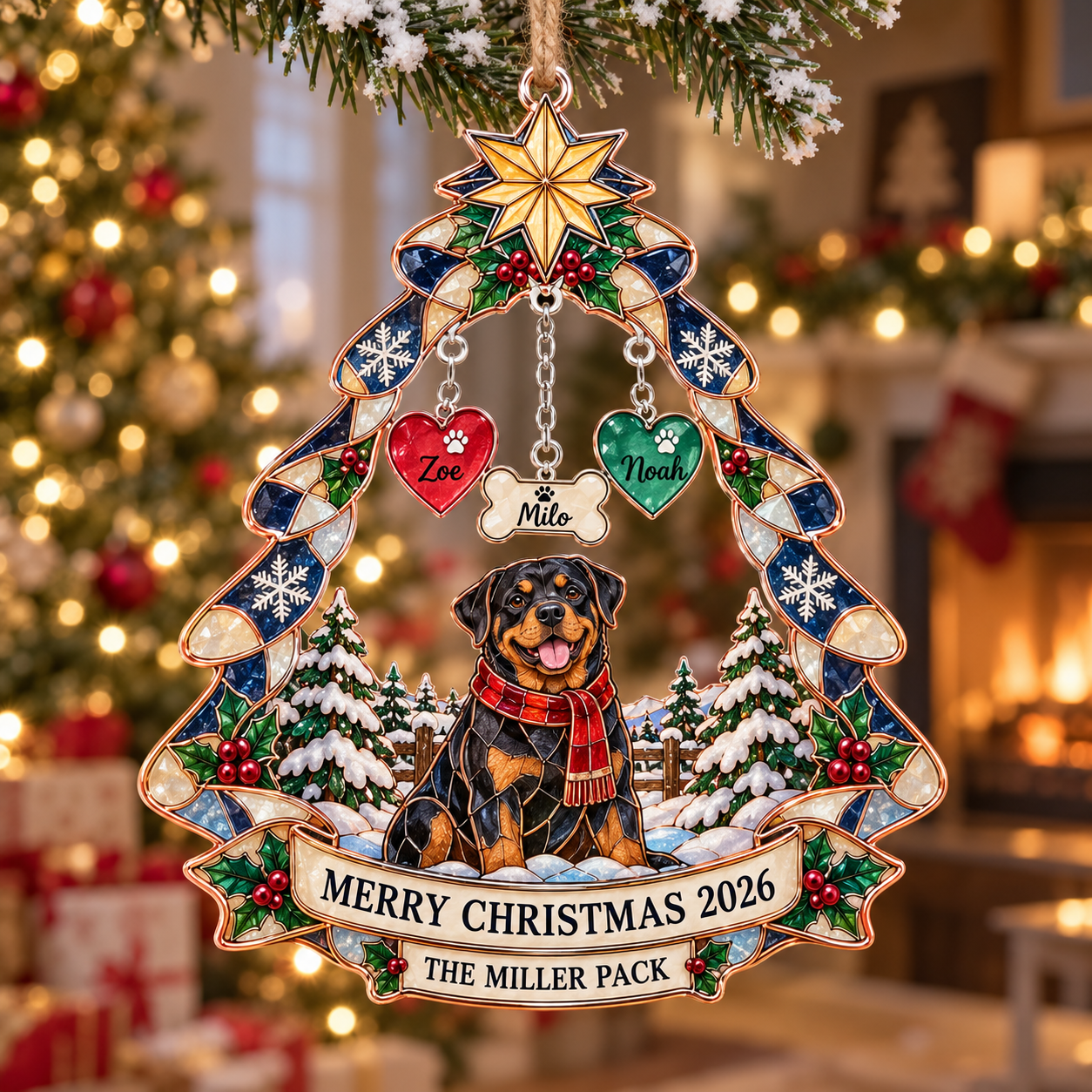 Stained-glass acrylic Christmas ornament with "THE MILLER PACK" and personalised name charms