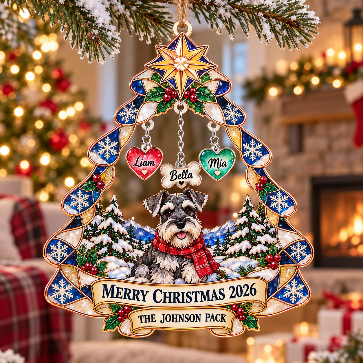 Stained-glass acrylic Christmas ornament with "THE JOHNSON PACK" and personalised name charms