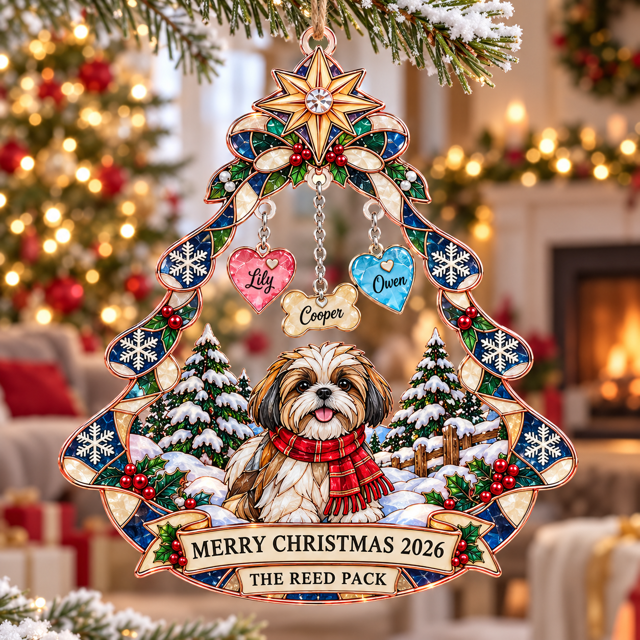 Stained-glass acrylic Christmas ornament with "THE REED PACK" and personalised name charms