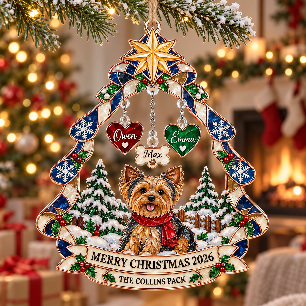 Stained-glass acrylic Christmas ornament with "THE COLLINS PACK" and personalised name charms
