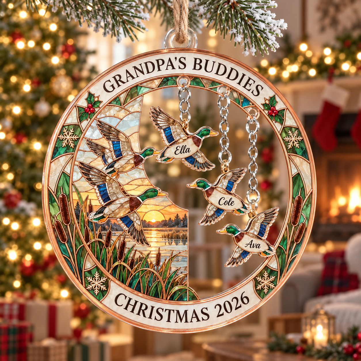 Stained-glass acrylic Christmas ornament with "GRANDPA'S BUDDIES" and personalised name charms