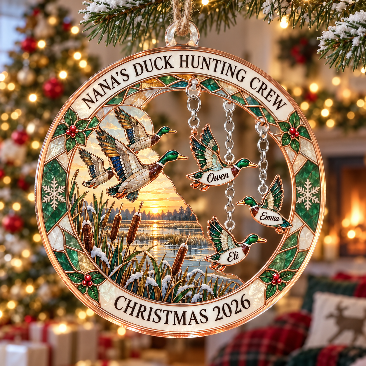 Stained-glass acrylic Christmas ornament with "NANA'S DUCK HUNTING CREW" and personalised name charms