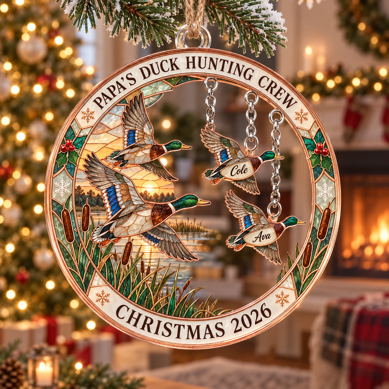 Stained-glass acrylic Christmas ornament with "PAPA'S DUCK HUNTING CREW" and personalised name charms