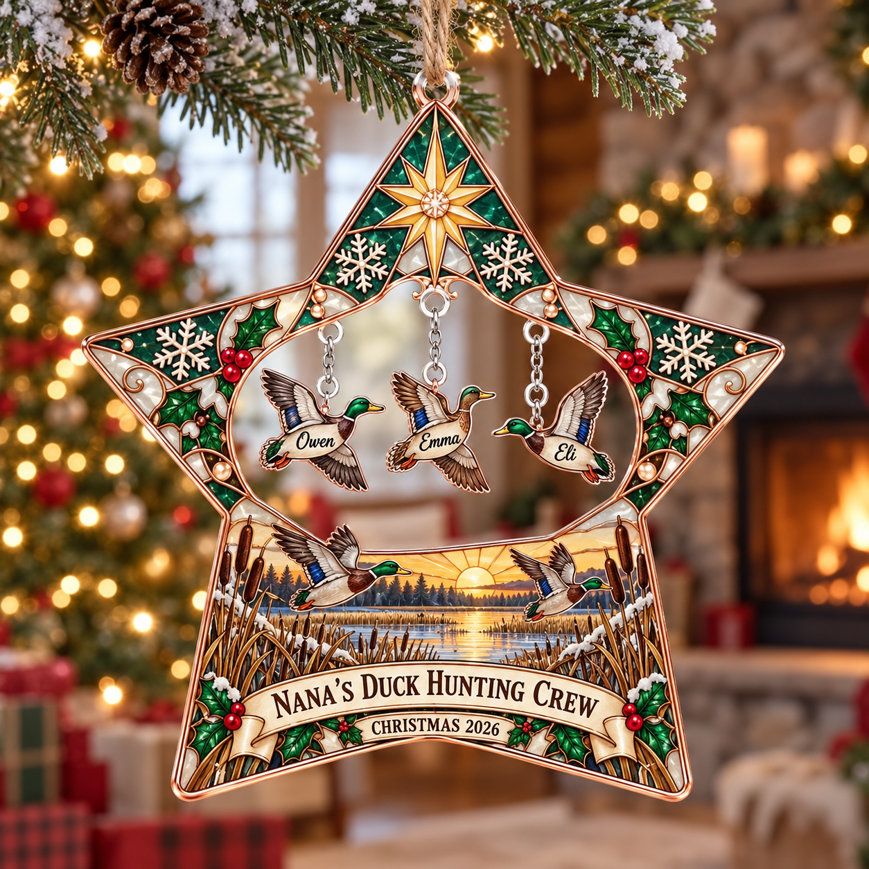 Stained-glass acrylic Christmas ornament with "NANA'S DUCK HUNTING CREW" and personalised name charms