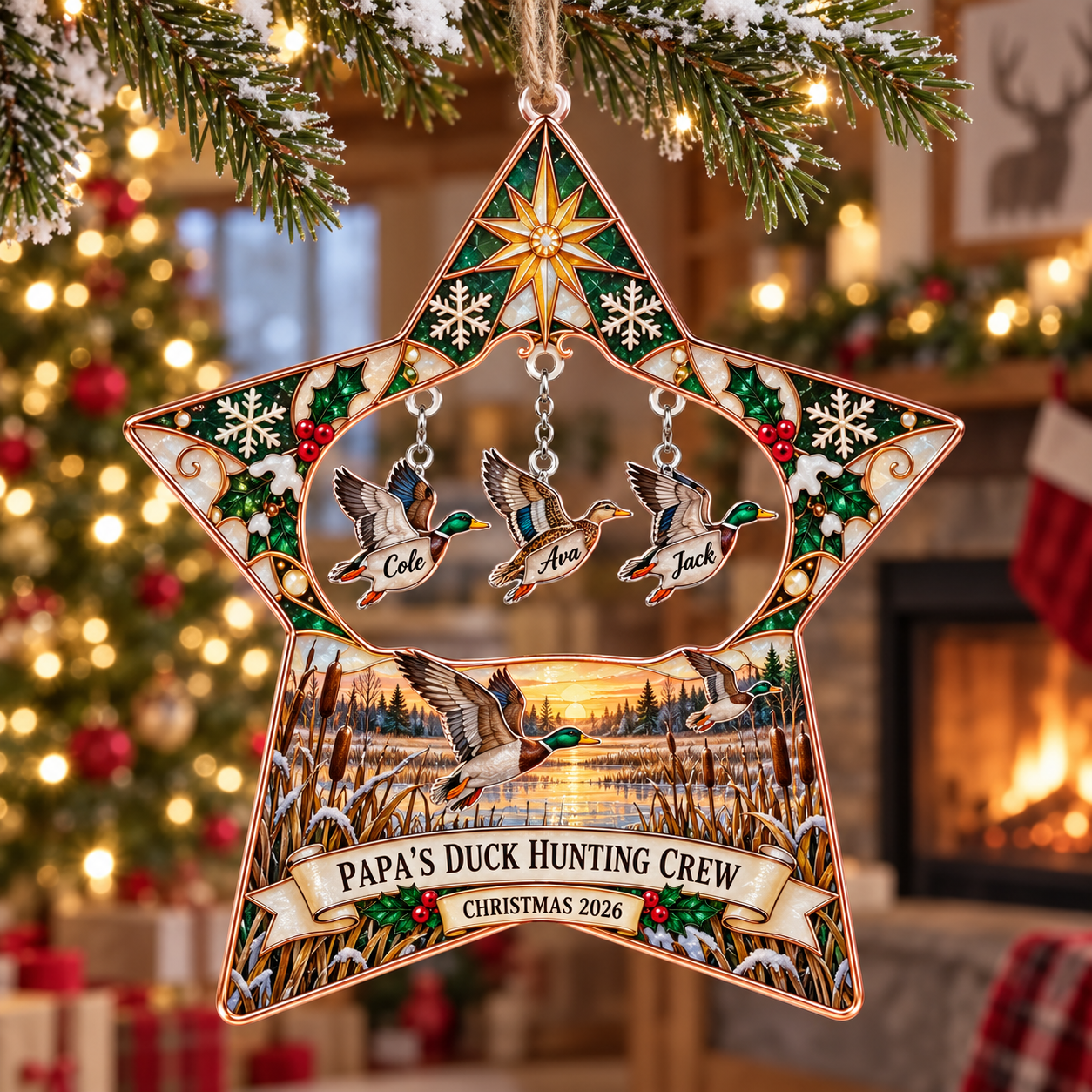 Stained-glass acrylic Christmas ornament with "PAPA'S DUCK HUNTING CREW" and personalised name charms