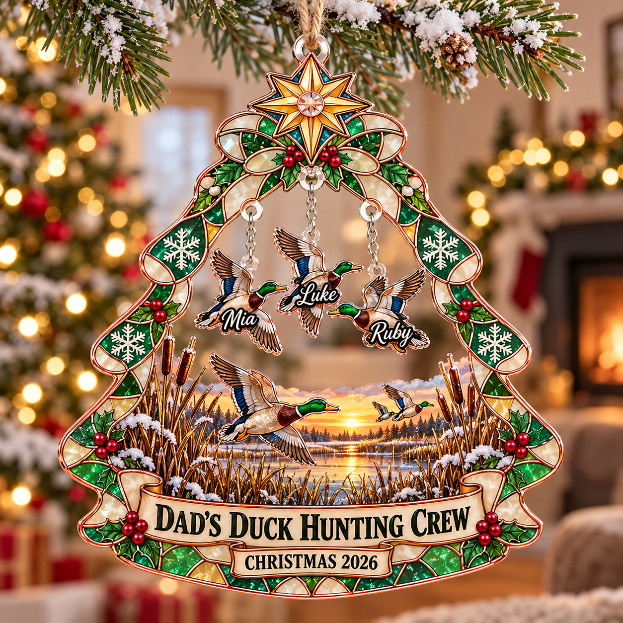 Stained-glass acrylic Christmas ornament with "DAD'S DUCK HUNTING CREW" and personalised name charms