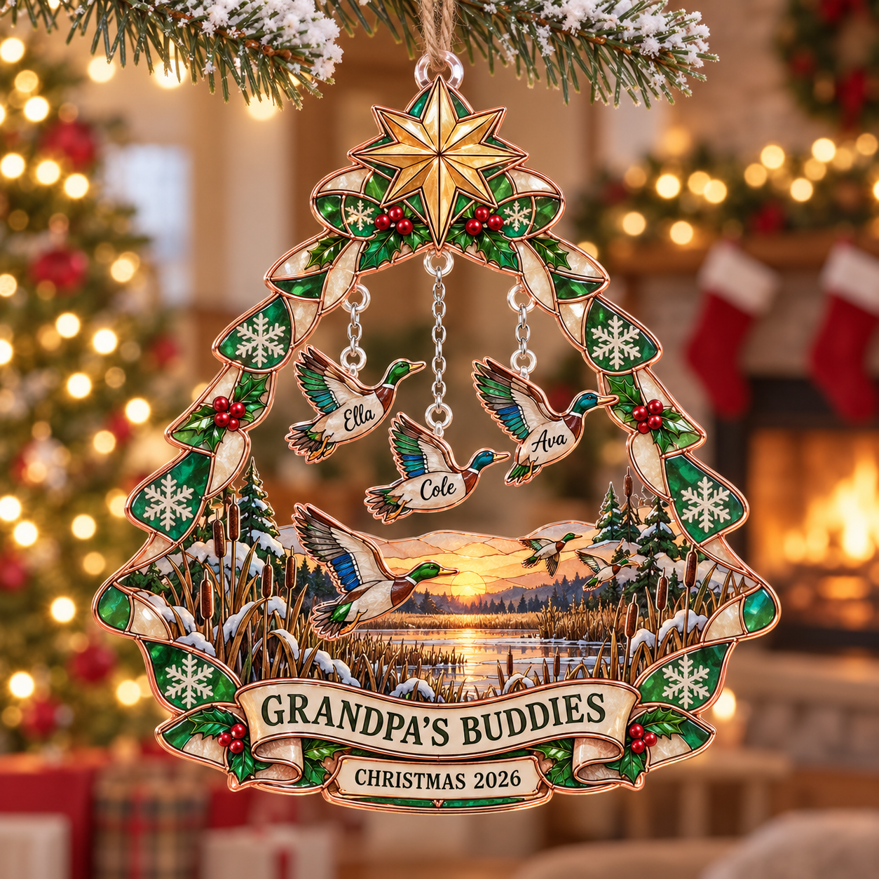 Stained-glass acrylic Christmas ornament with "GRANDPA'S BUDDIES" and personalised name charms
