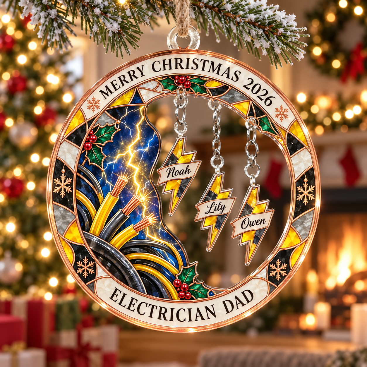 Stained-glass acrylic Christmas ornament with "ELECTRICIAN DAD" and personalised name charms