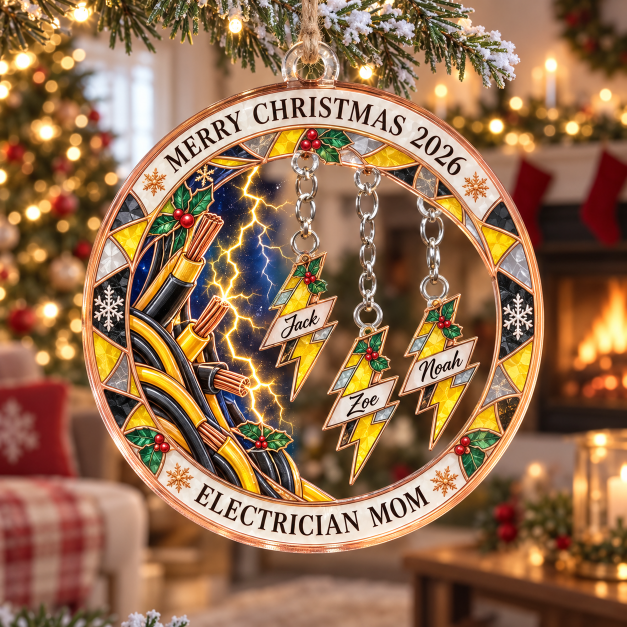 Stained-glass acrylic Christmas ornament with "ELECTRICIAN MOM" and personalised name charms