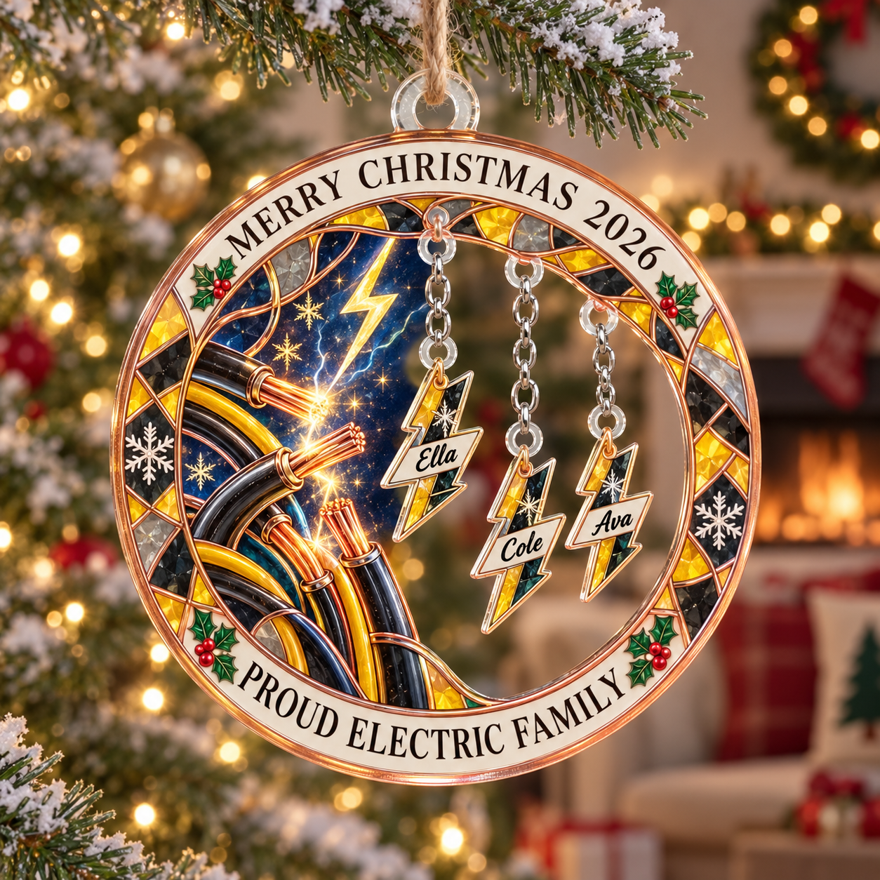 Stained-glass acrylic Christmas ornament with "PROUD ELECTRIC FAMILY" and personalised name charms
