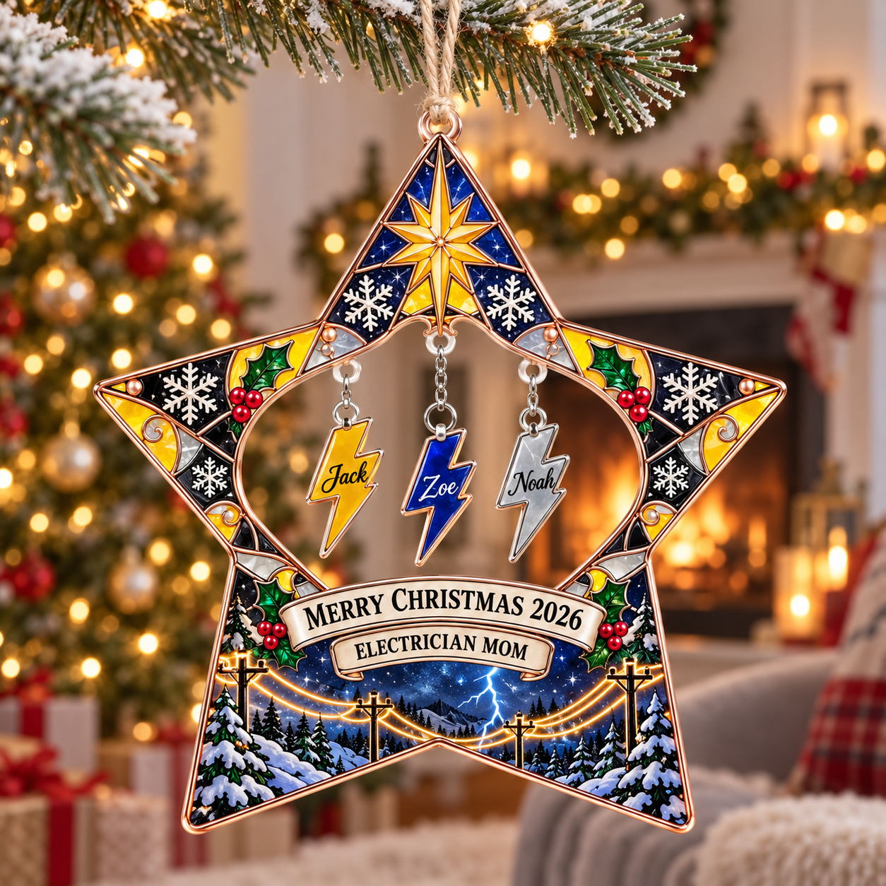 Stained-glass acrylic Christmas ornament with "ELECTRICIAN MOM" and personalised name charms