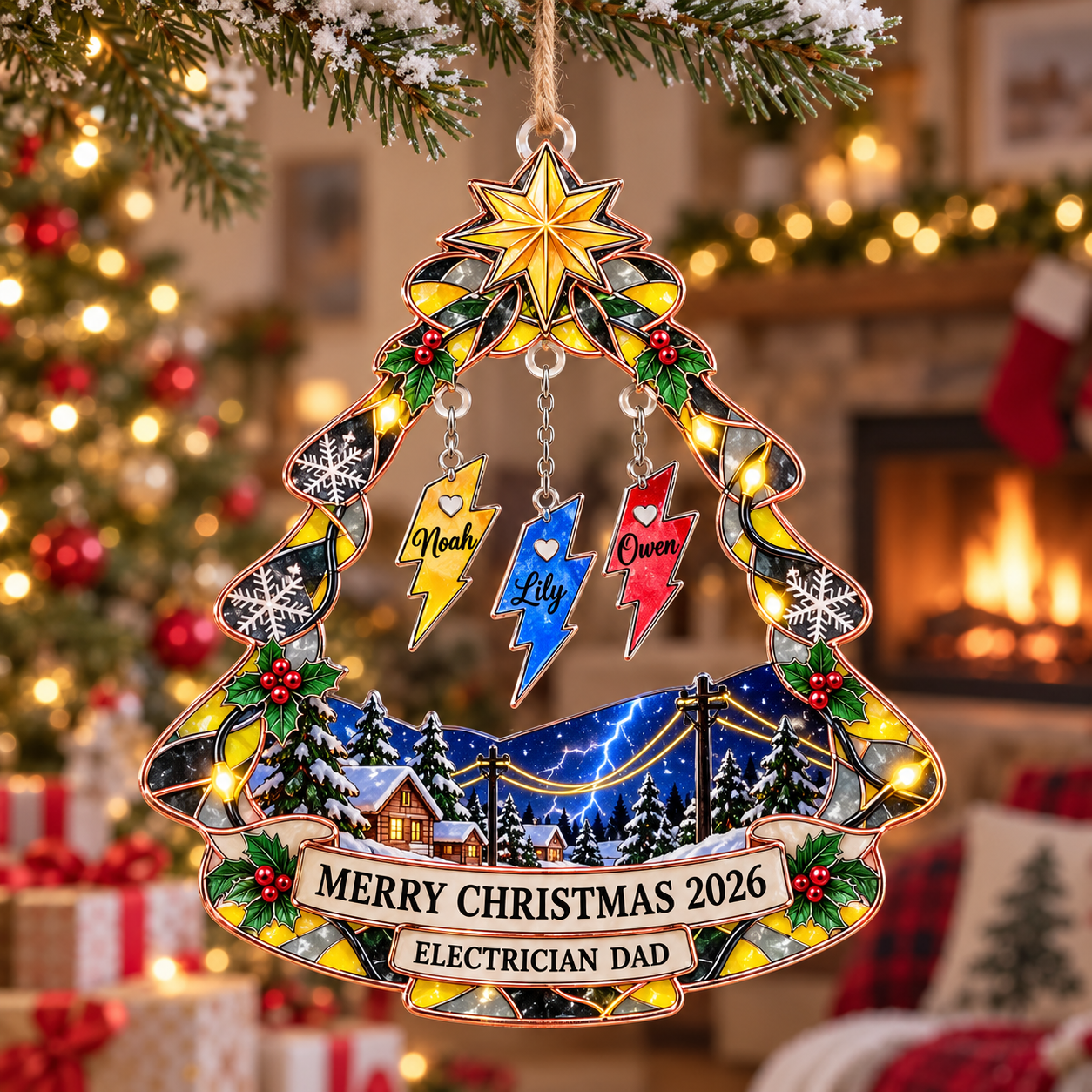Stained-glass acrylic Christmas ornament with "ELECTRICIAN DAD" and personalised name charms