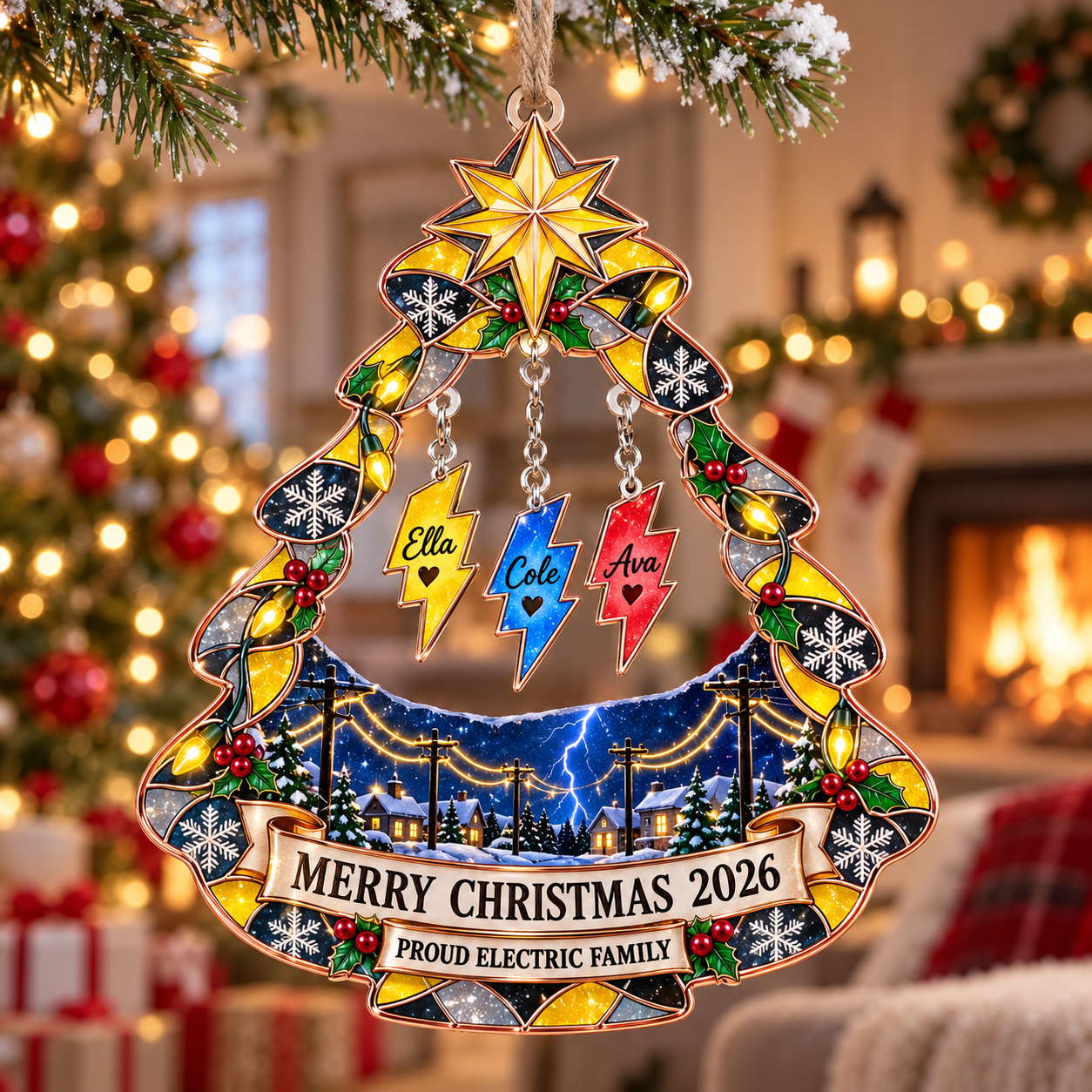Stained-glass acrylic Christmas ornament with "PROUD ELECTRIC FAMILY" and personalised name charms
