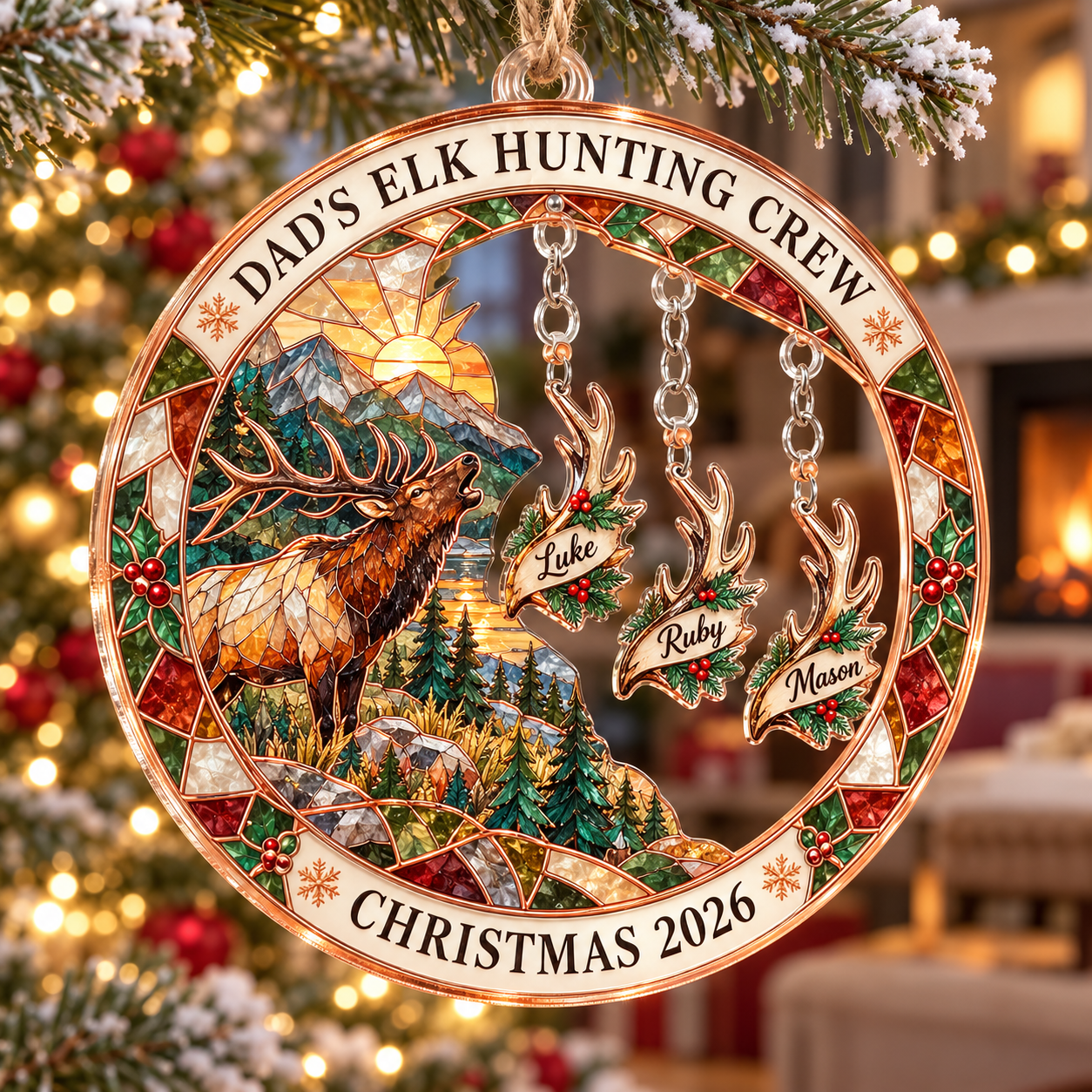 Stained-glass acrylic Christmas ornament with "DAD'S ELK HUNTING CREW" and personalised name charms