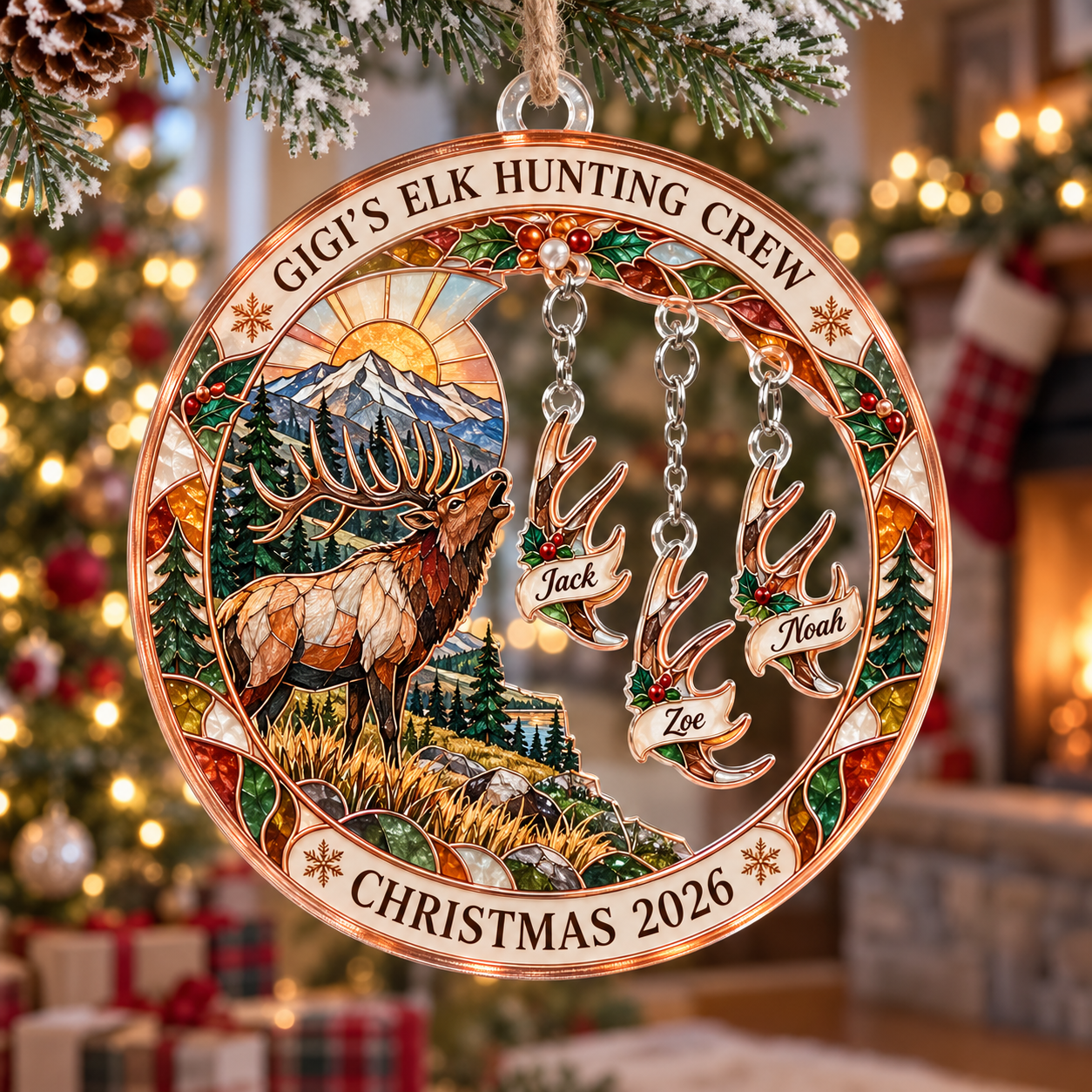 Stained-glass acrylic Christmas ornament with "GIGI'S ELK HUNTING CREW" and personalised name charms