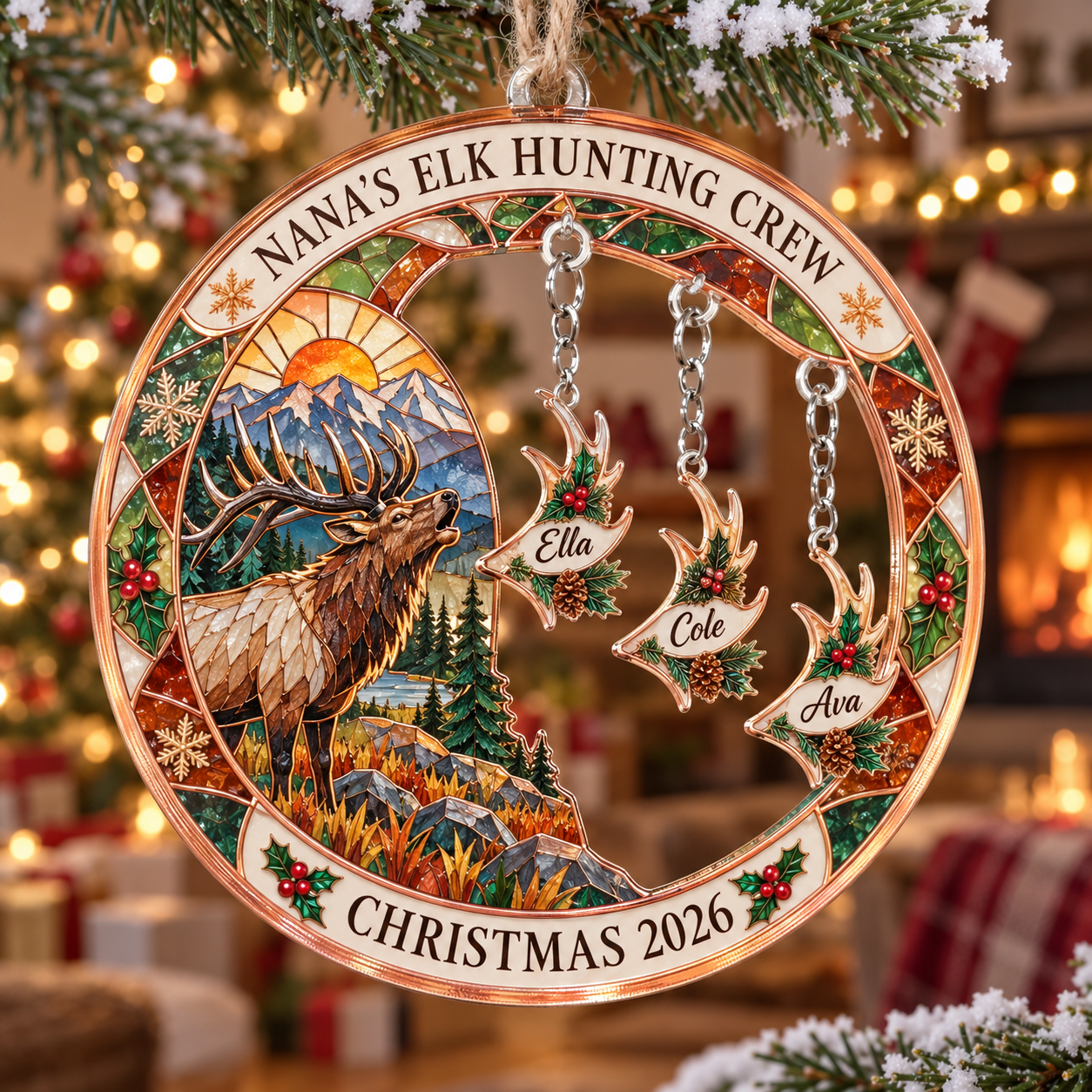 Stained-glass acrylic Christmas ornament with "NANA'S ELK HUNTING CREW" and personalised name charms