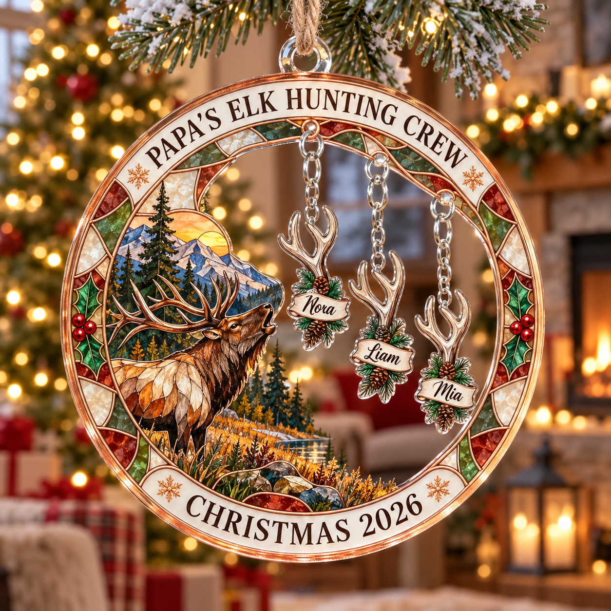 Stained-glass acrylic Christmas ornament with "PAPA'S ELK HUNTING CREW" and personalised name charms