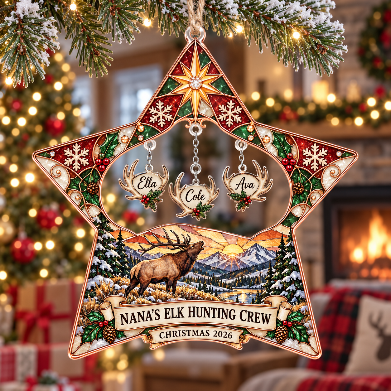 Stained-glass acrylic Christmas ornament with "NANA'S ELK HUNTING CREW" and personalised name charms