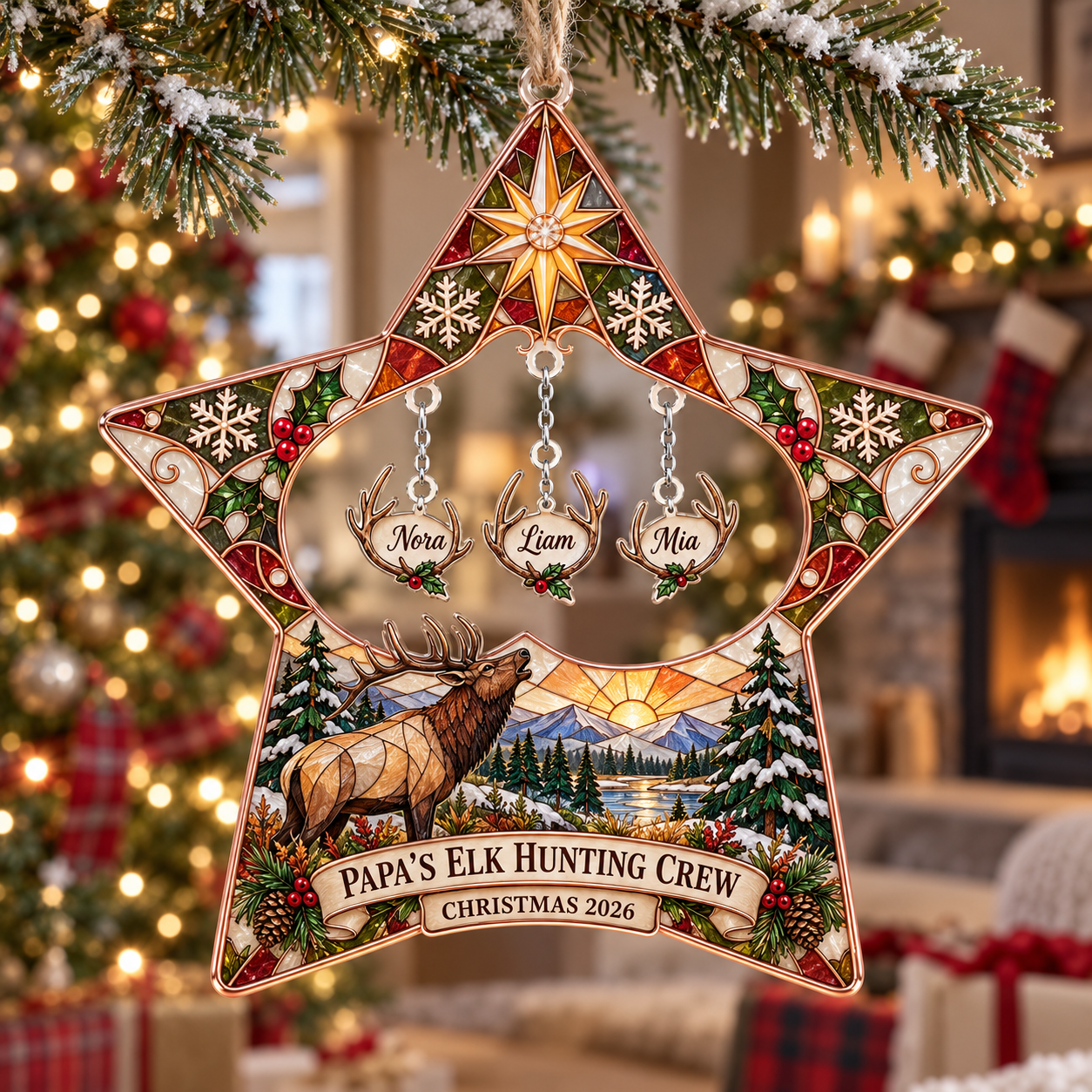 Stained-glass acrylic Christmas ornament with "PAPA'S ELK HUNTING CREW" and personalised name charms