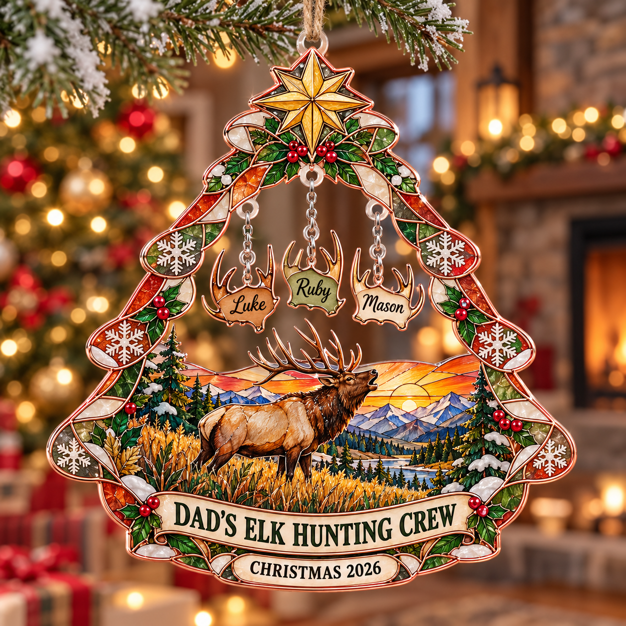 Stained-glass acrylic Christmas ornament with "DAD'S ELK HUNTING CREW" and personalised name charms