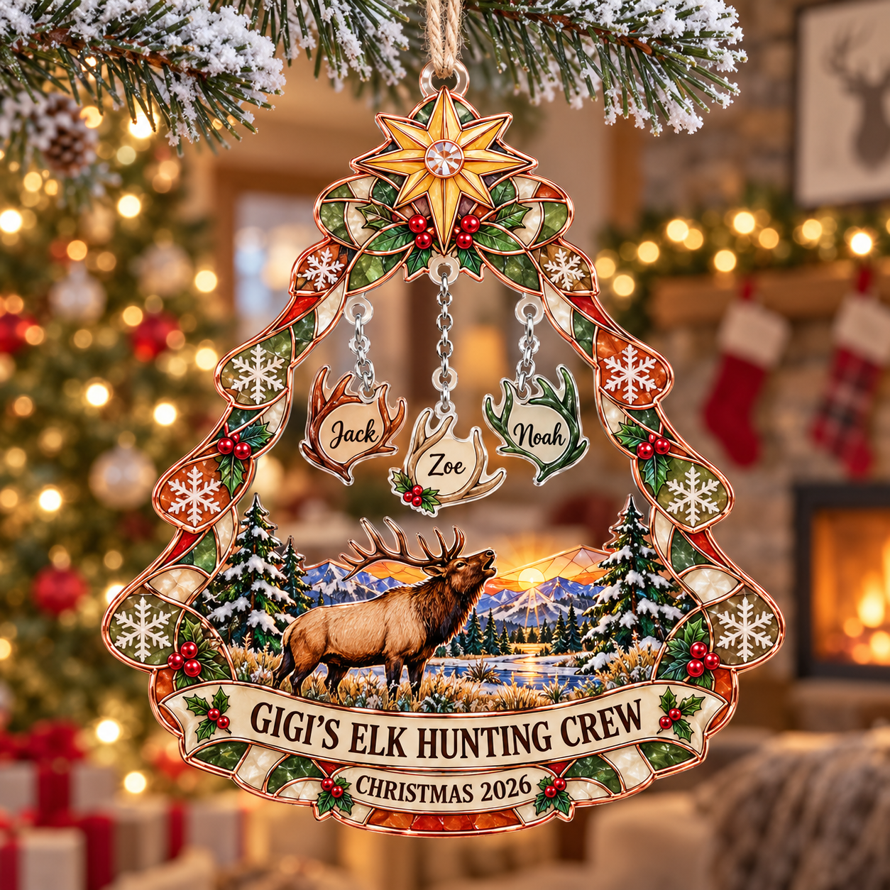 Stained-glass acrylic Christmas ornament with "GIGI'S ELK HUNTING CREW" and personalised name charms