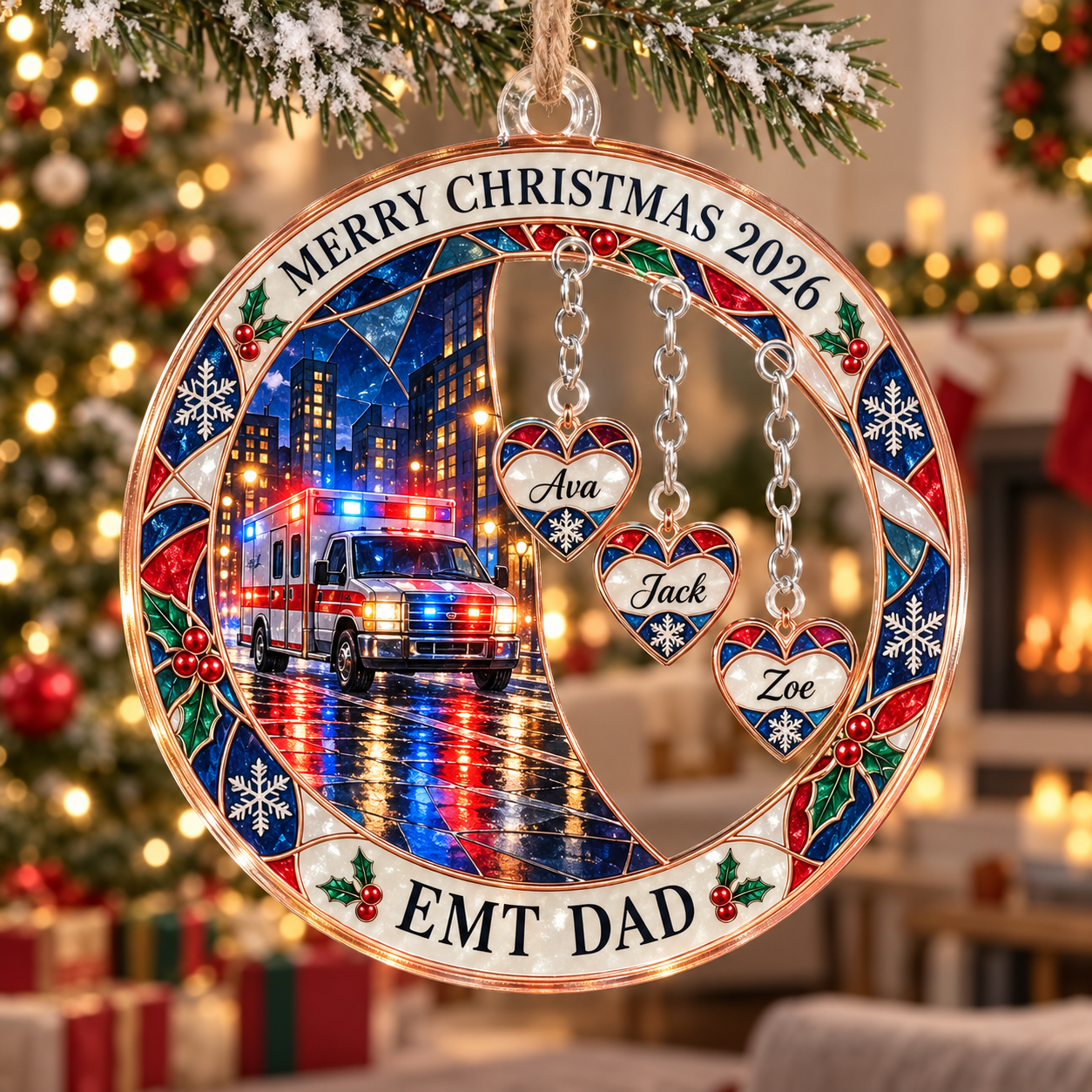 Stained-glass acrylic Christmas ornament with "EMT DAD" and personalised name charms
