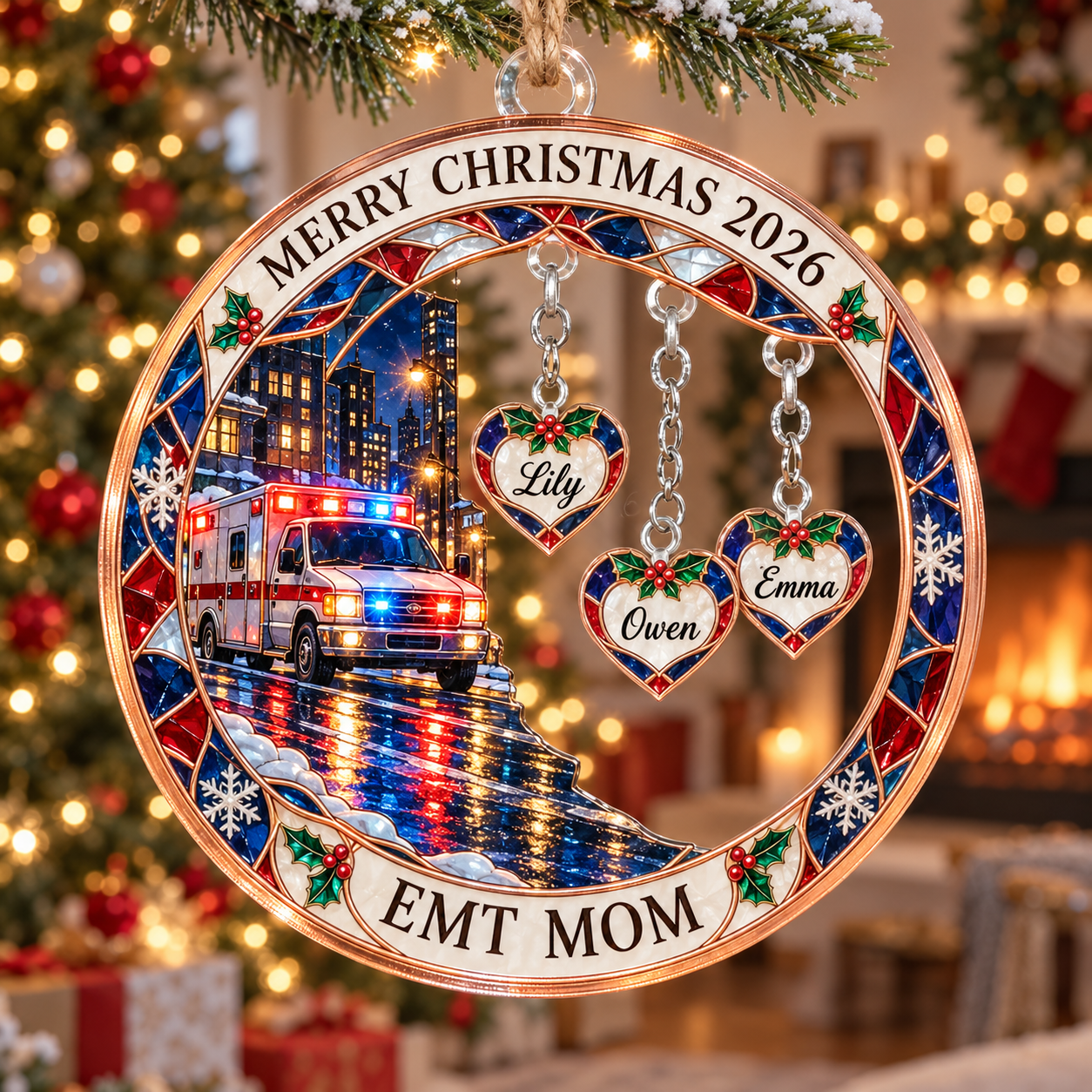Stained-glass acrylic Christmas ornament with "EMT MOM" and personalised name charms