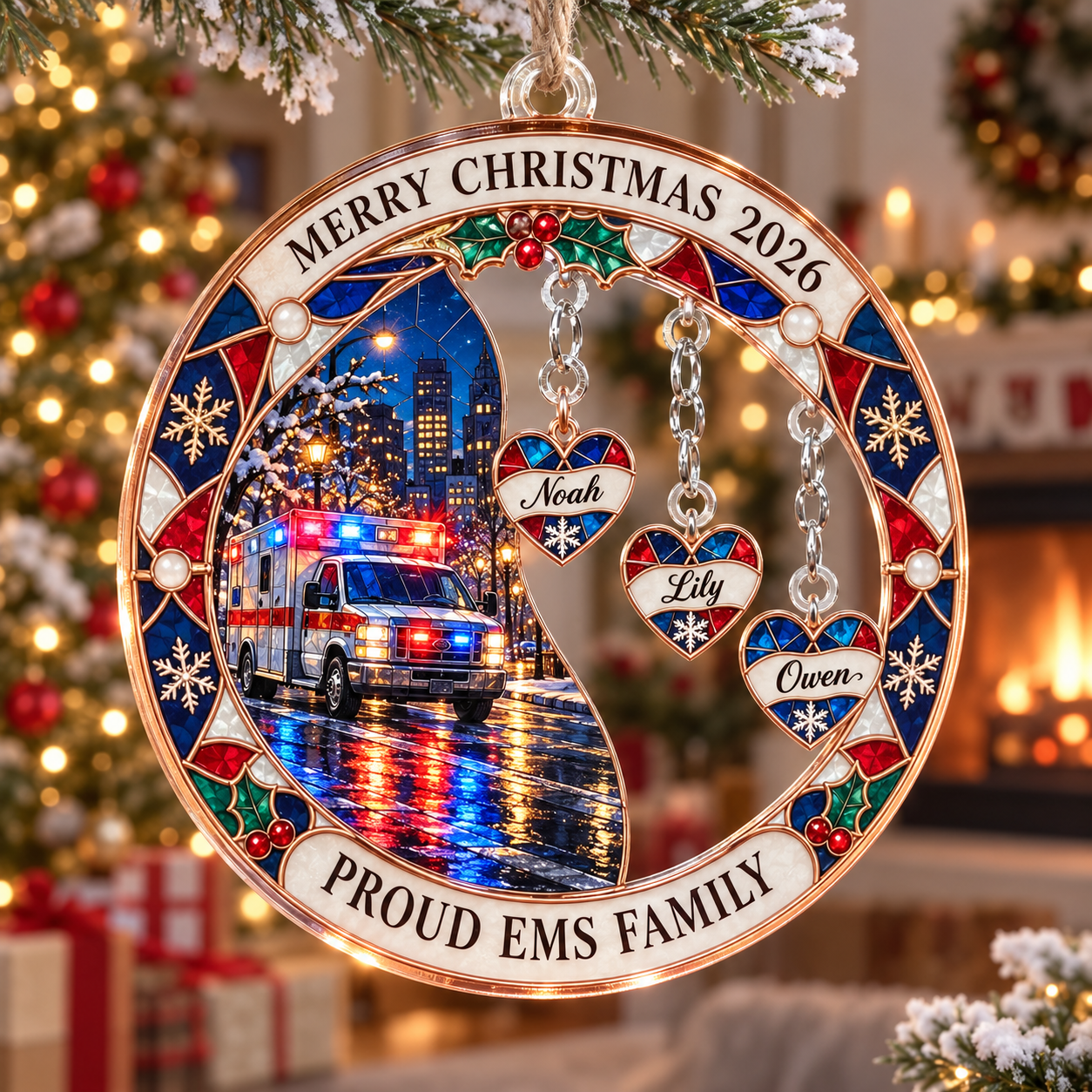 Stained-glass acrylic Christmas ornament with "PROUD EMS FAMILY" and personalised name charms