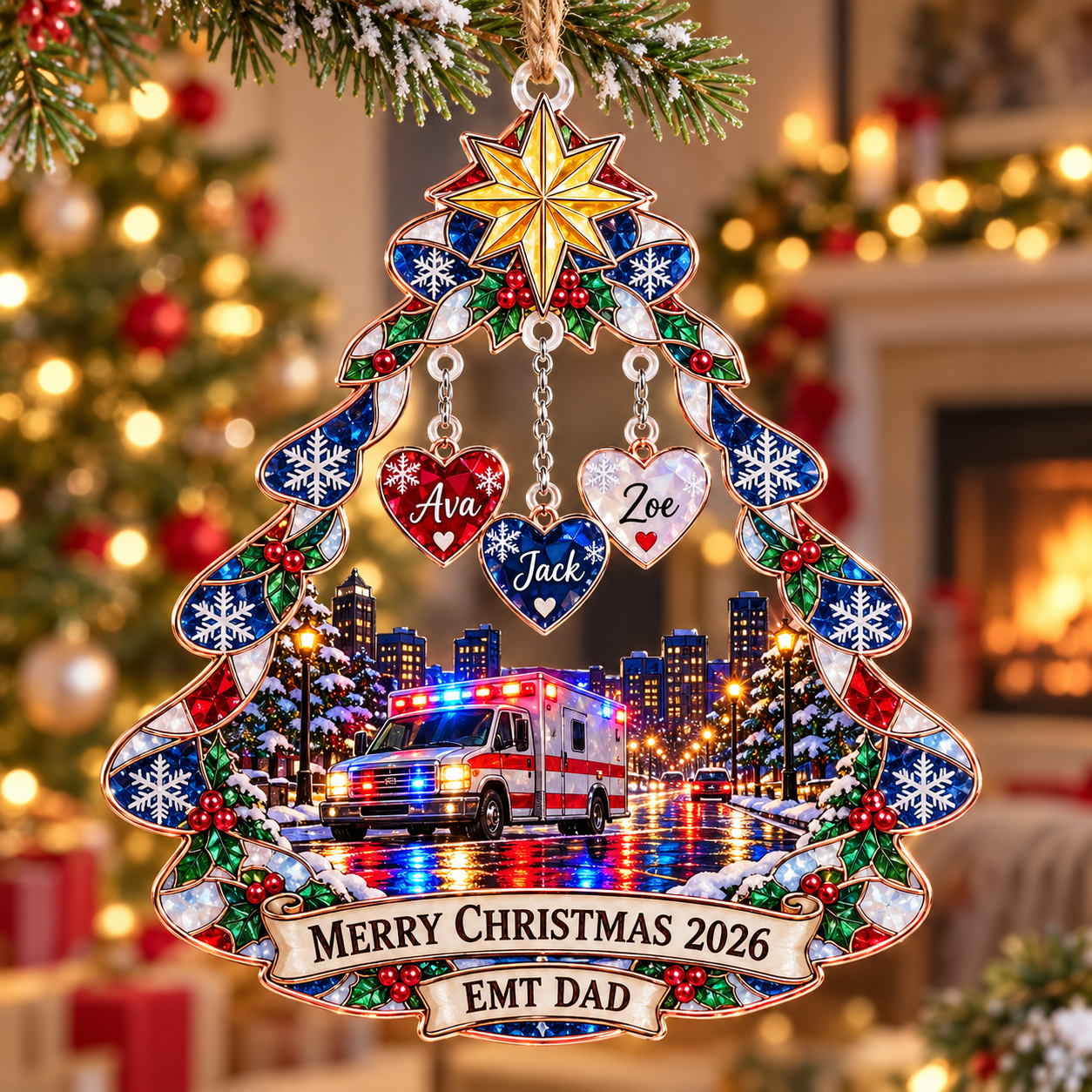Stained-glass acrylic Christmas ornament with "EMT DAD" and personalised name charms