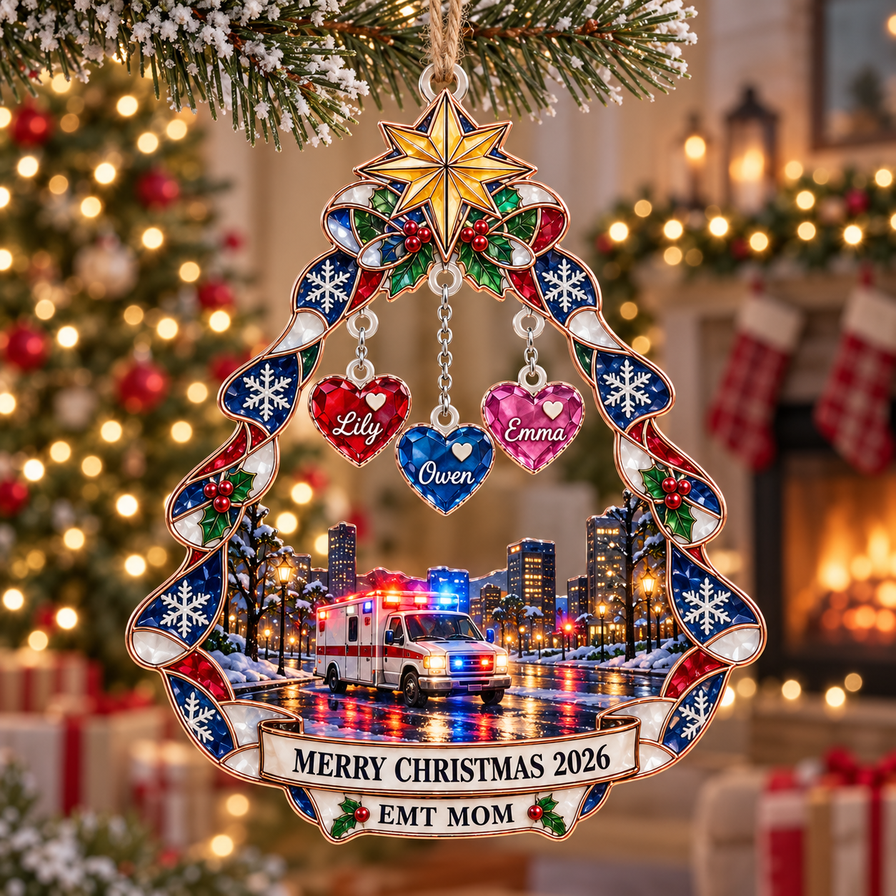 Stained-glass acrylic Christmas ornament with "EMT MOM" and personalised name charms