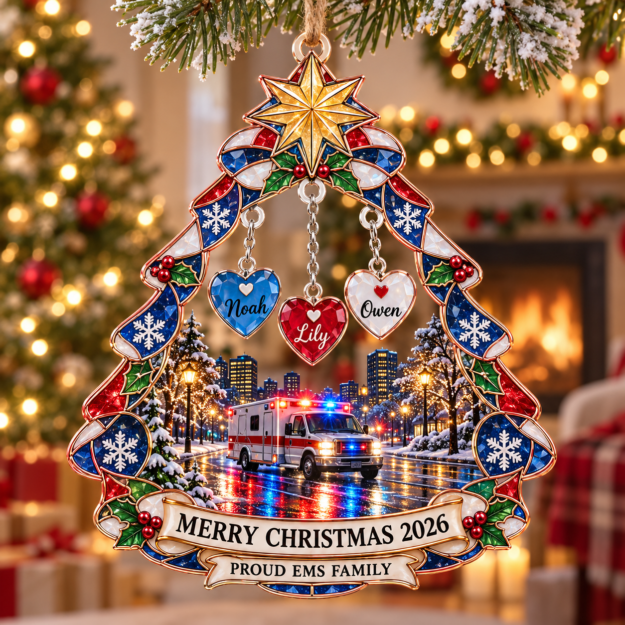 Stained-glass acrylic Christmas ornament with "PROUD EMS FAMILY" and personalised name charms
