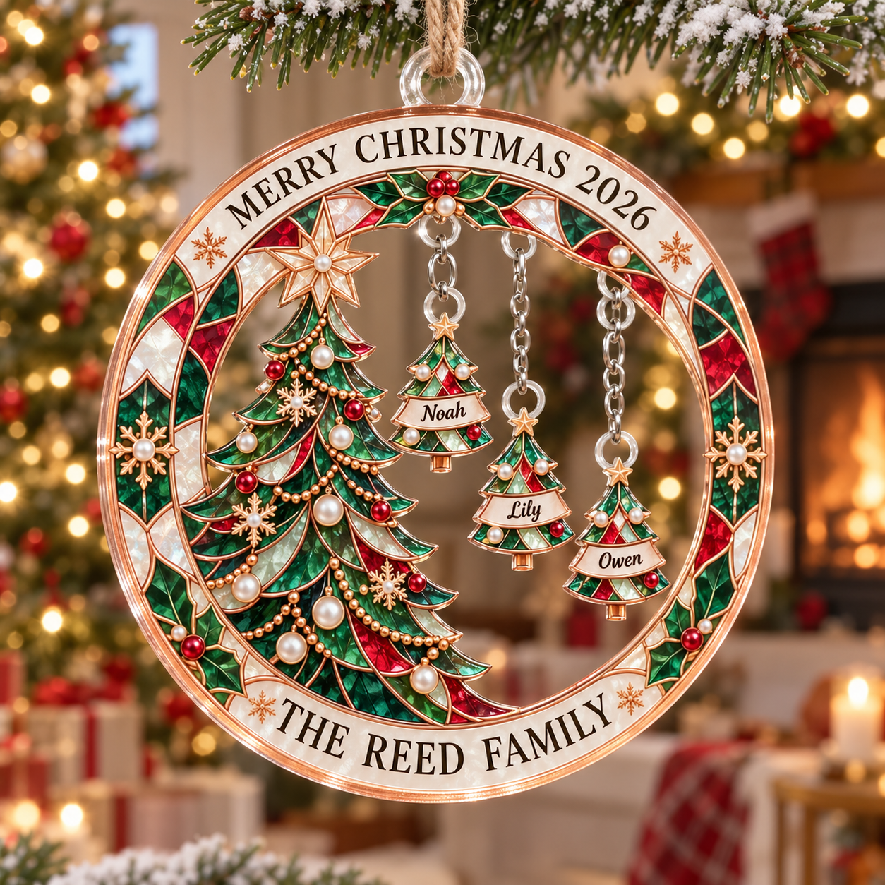 Stained-glass acrylic Christmas ornament with "THE REED FAMILY" and personalised name charms