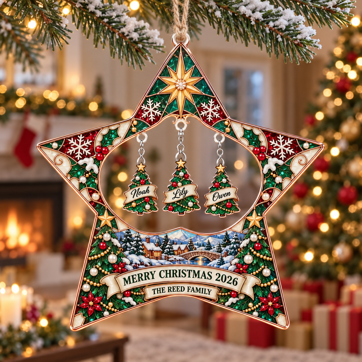 Stained-glass acrylic Christmas ornament with "THE REED FAMILY" and personalised name charms