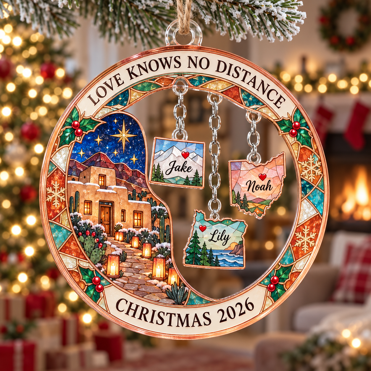 Stained-glass acrylic Christmas ornament with "LOVE KNOWS NO DISTANCE" and personalised name charms