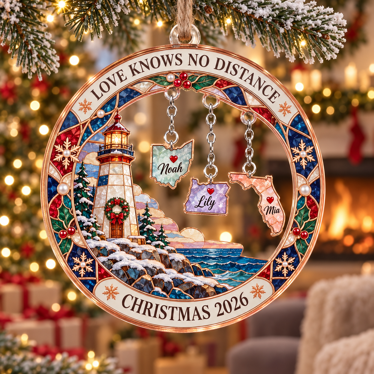 Stained-glass acrylic Christmas ornament with "LOVE KNOWS NO DISTANCE" and personalised name charms