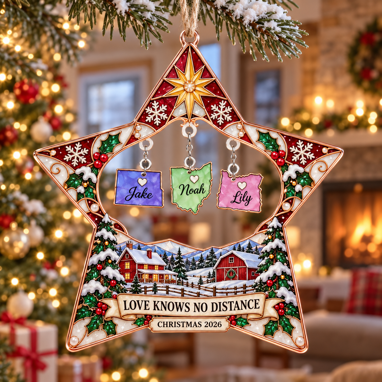 Stained-glass acrylic Christmas ornament with "LOVE KNOWS NO DISTANCE" and personalised name charms