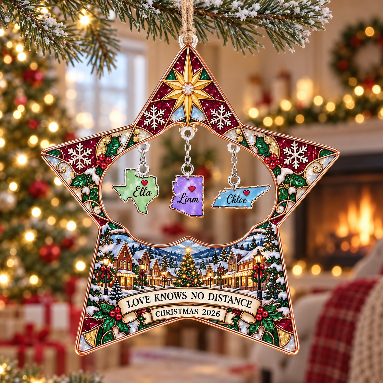Stained-glass acrylic Christmas ornament with "LOVE KNOWS NO DISTANCE" and personalised name charms