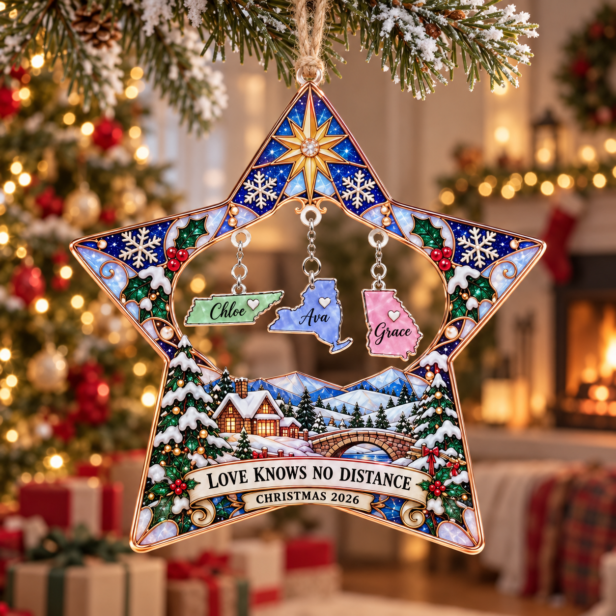 Stained-glass acrylic Christmas ornament with "LOVE KNOWS NO DISTANCE" and personalised name charms