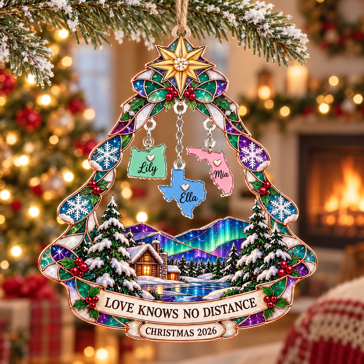 Stained-glass acrylic Christmas ornament with "LOVE KNOWS NO DISTANCE" and personalised name charms