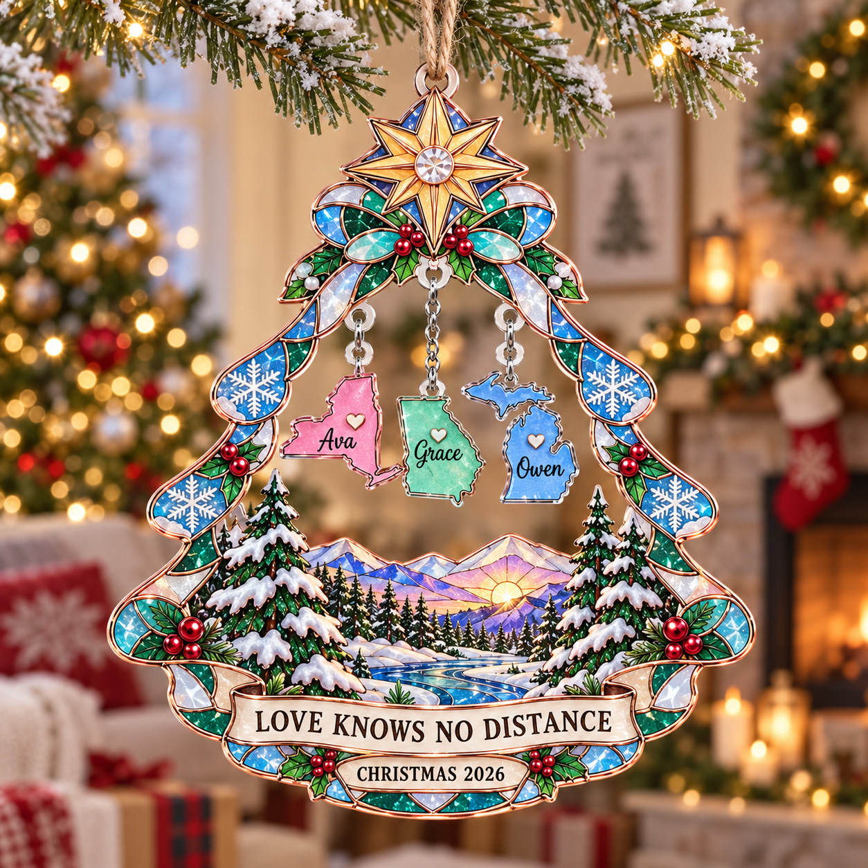 Stained-glass acrylic Christmas ornament with "LOVE KNOWS NO DISTANCE" and personalised name charms